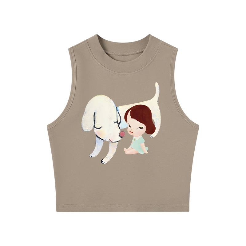 Tokyocanvas Dog & Girl Crew Neck Crop Top