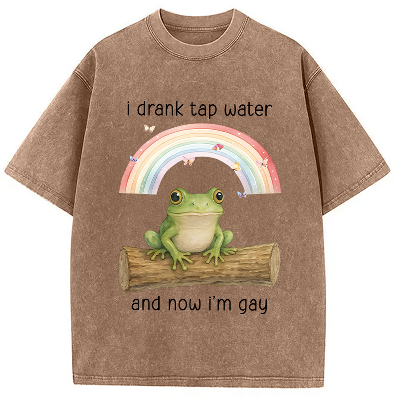Tokyocanvas I Drank Tap Water Now I'm Gay Funny Frog Washed T-Shirt