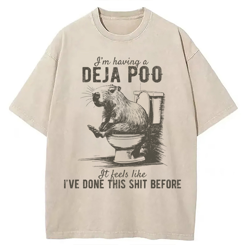 Tokyocanvas Funny Capybara Deja Poo Meme Washed T-Shirt