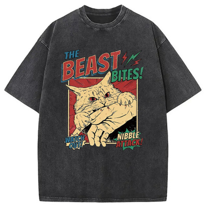 Tokyocanvas Vintage Horror Cat Bite Washed T-Shirt