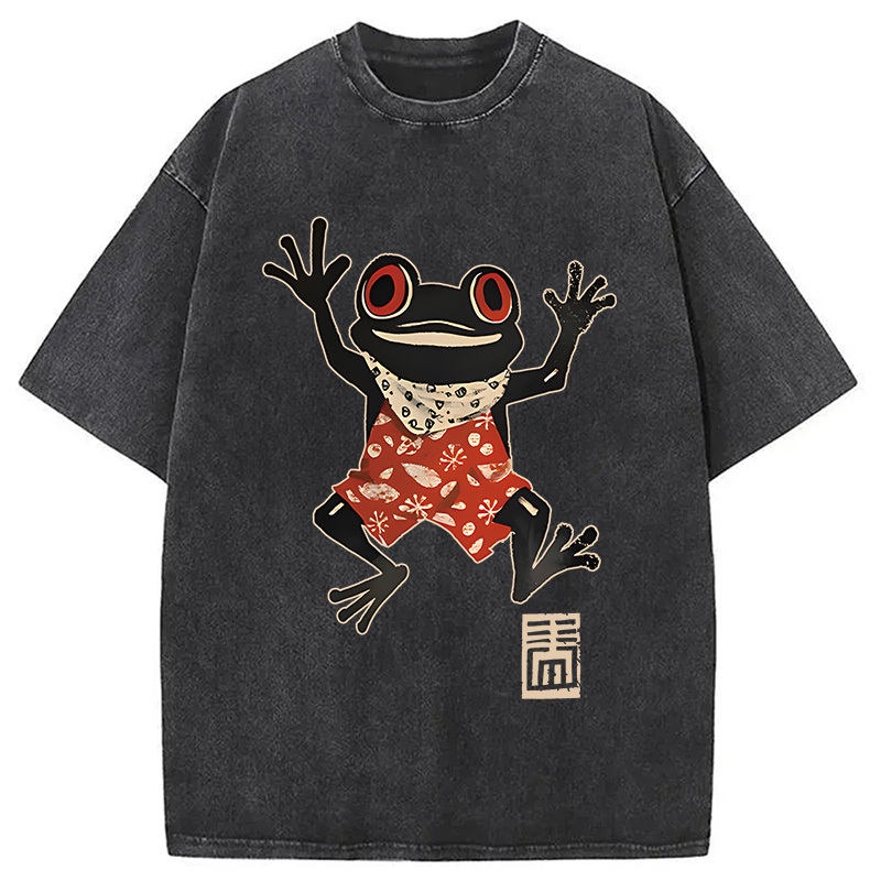Tokyocanvas Japanese Happy Frog Ukiyoe Washed T-Shirt