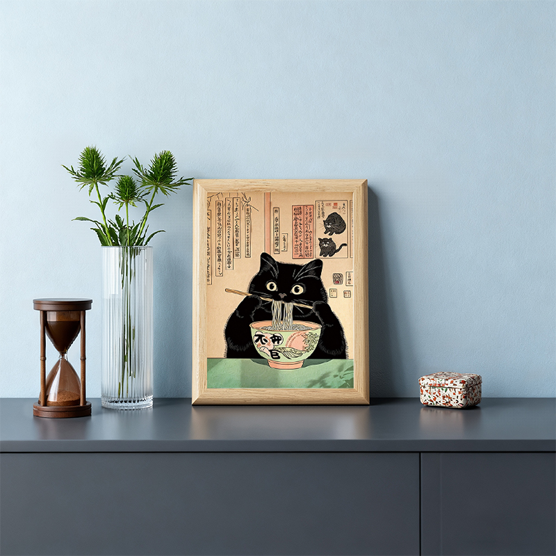 Tokyocanvas Black Cat Eating Noodles Framed Art Print