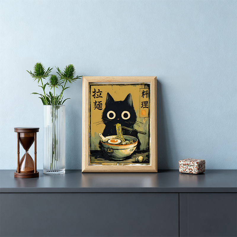 Tokyocanvas Cute Black Cat Eating Ramen Framed Art Print