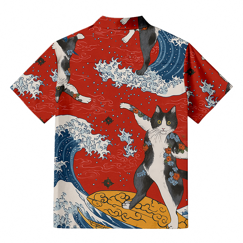 Tokyocanvas Surfing Tattooed Cat Hawaiian Shirt