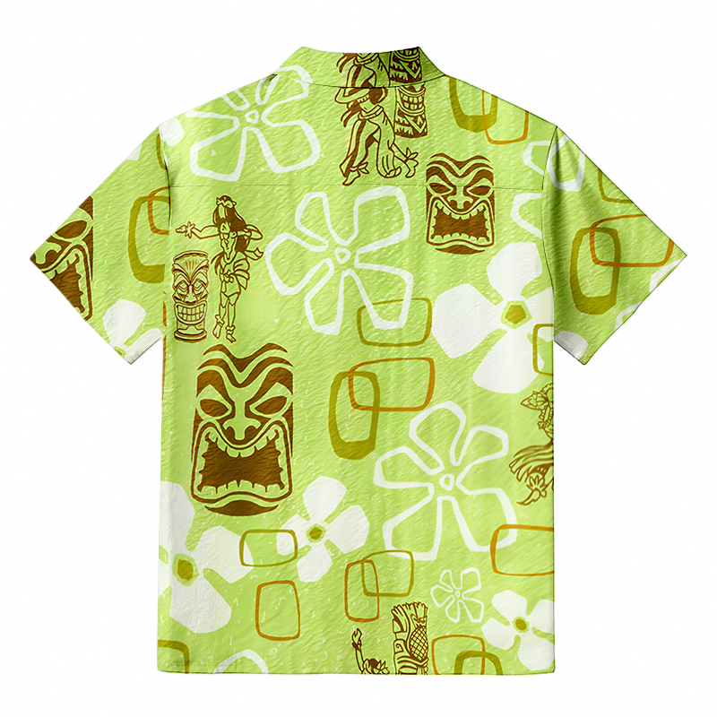 Tokyocanvas Hula Girl & Tiki Seersucker Hawaiian Shirt