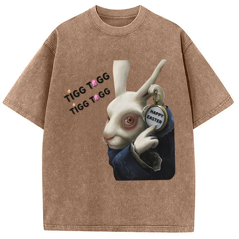 Tokyocanvas Tick Tock Funny Easter Bunny Washed T-Shirt
