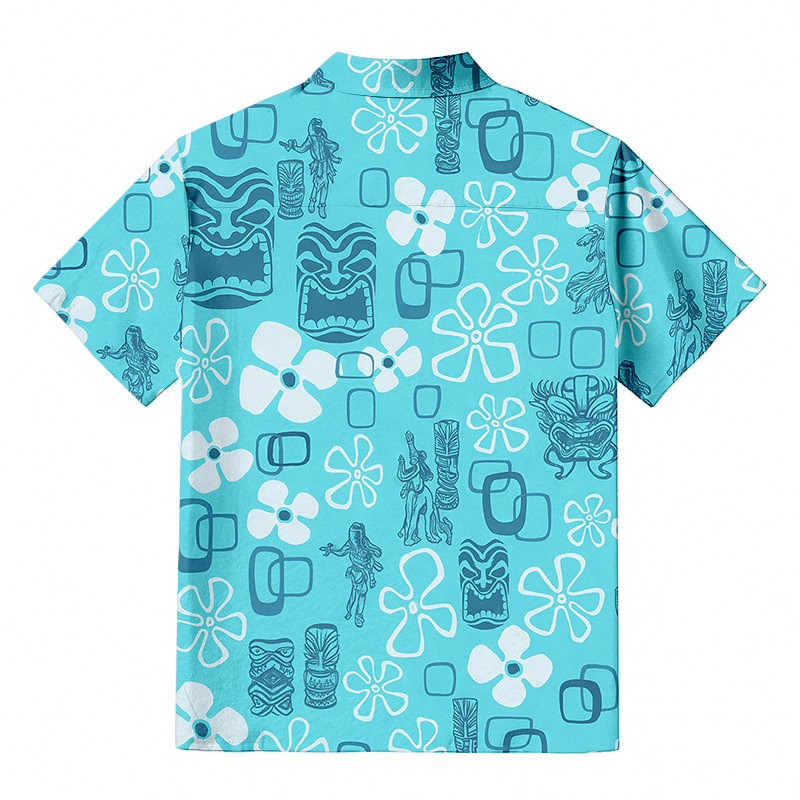 Tokyocanvas Hula Girl & Tiki Seersucker Hawaiian Shirt