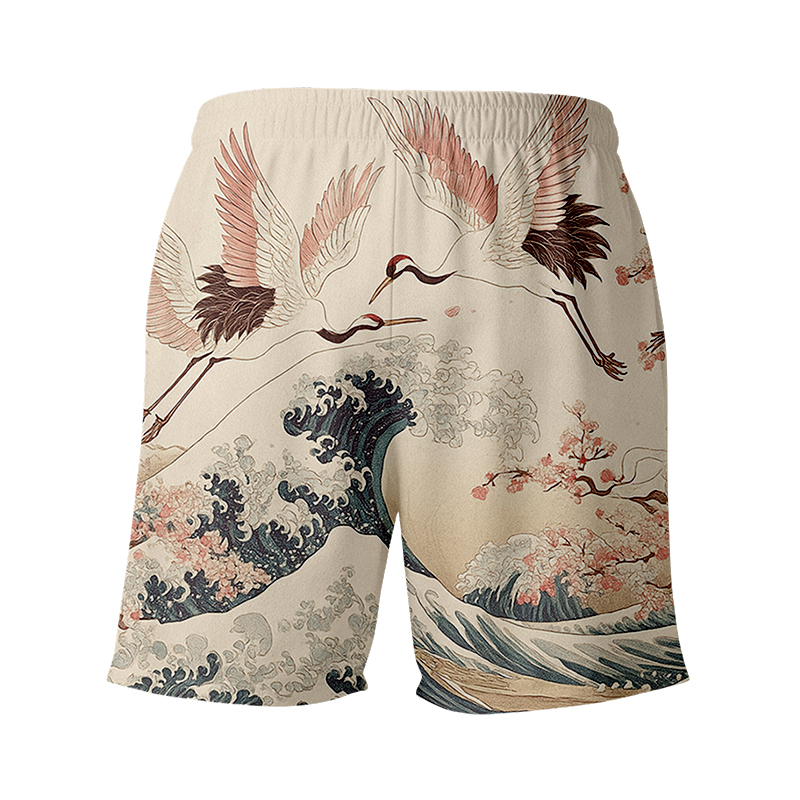 Tokyocanvas Cranes Dancing On The Waves Aloha Swim Short