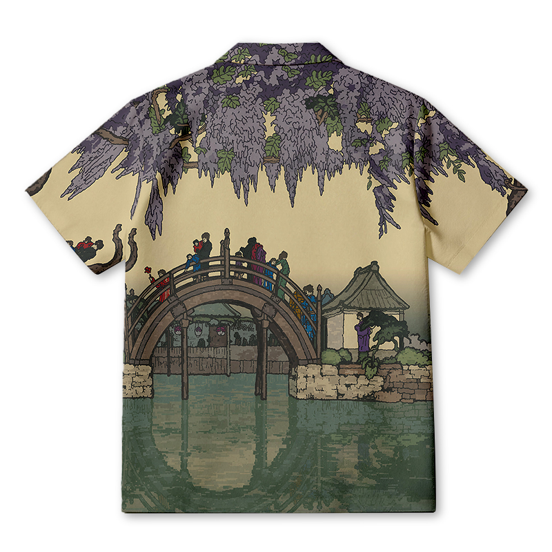Tokyocanvas Half Moon Bridge And Wisteria Flowers Hawaiian Shirt