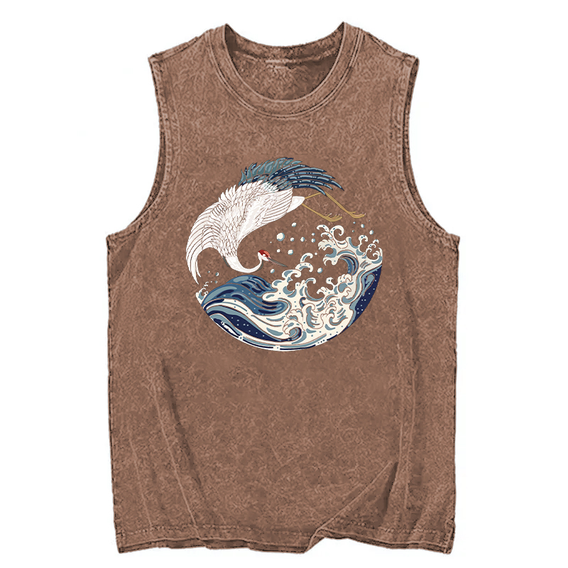 Tokyocanvas Crane Bird Wave Washed Tank