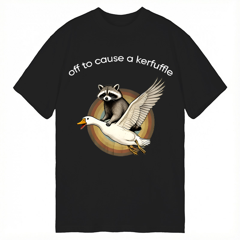 Tokyocanvas Off To Cause A Kerfuffle Funny Raccoon Riding Silly Goose Classic T-Shirt