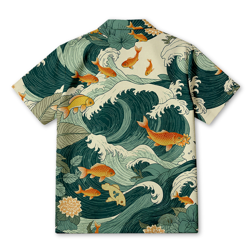 Tokyocanvas Koi Meets Ocean Waves Hawaiian Shirt