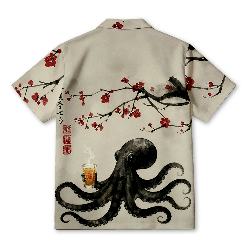 Tokyocanvas Octopus Drinking Tea Under Sakura Hawaiian Shirt