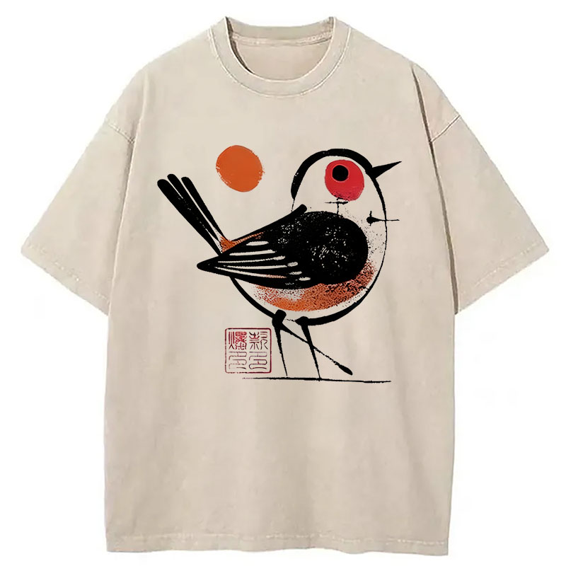 Tokyocanvas Aesthetic Yellow And Black Bird Washed T-Shirt