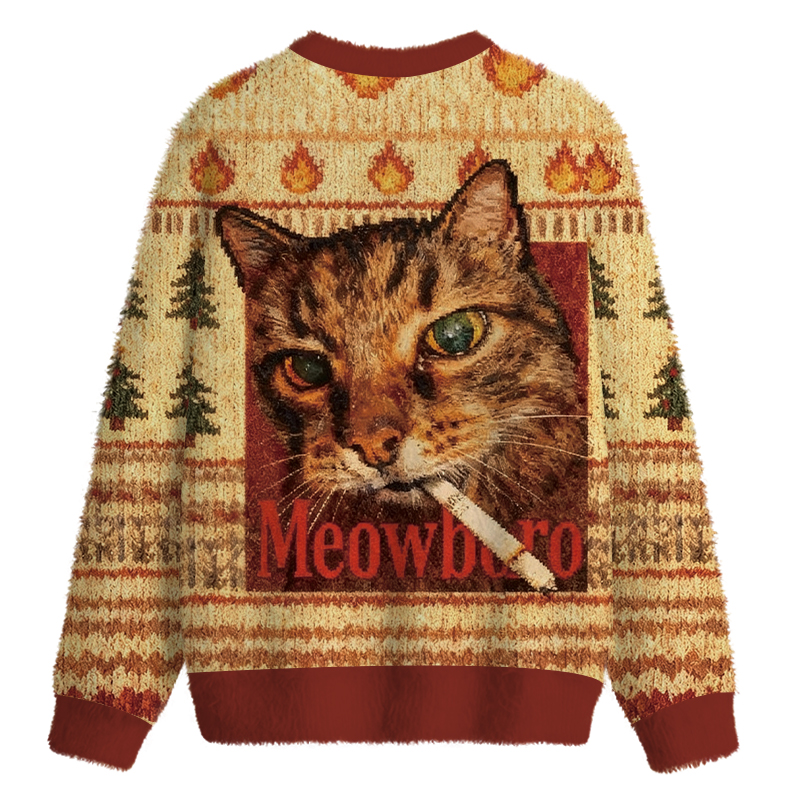 Tokyocanvas Funny Smoking Cat Meme Fuzzy Christmas Ugly Sweatshirt