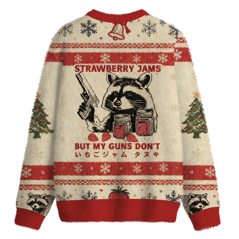 Tokyocanvas Strawberry Jams Funny Raccoon Fuzzy Christmas Ugly Sweatshirt