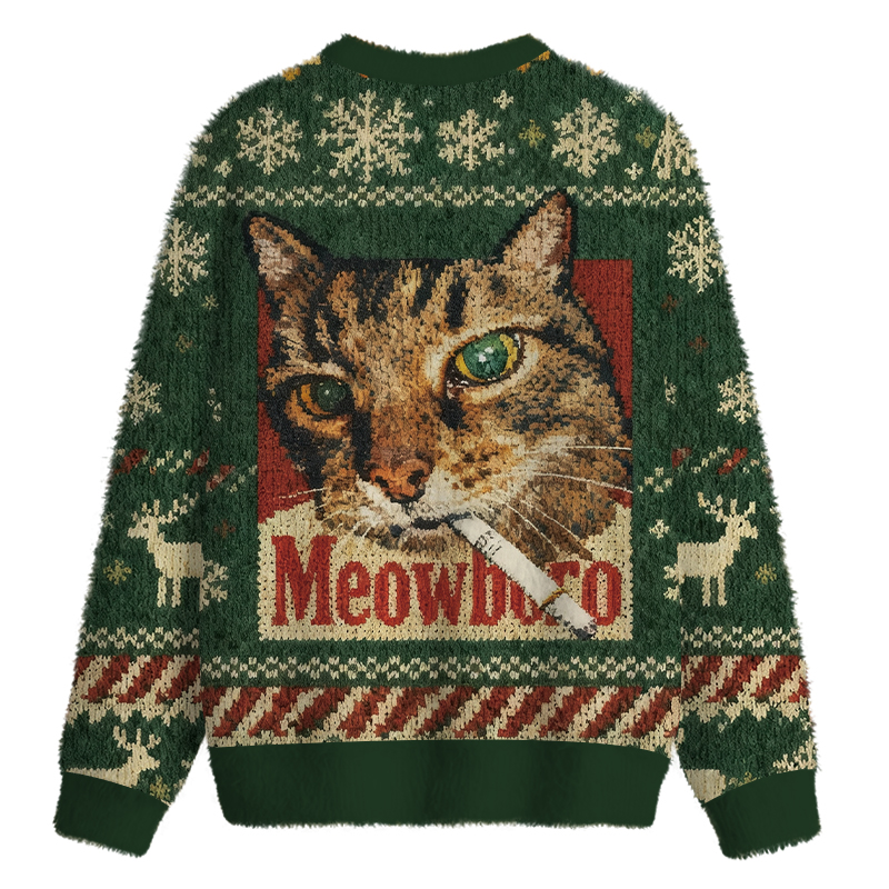 Tokyocanvas Green Funny Smoking Cat Meme Fuzzy Christmas Ugly Sweatshirt