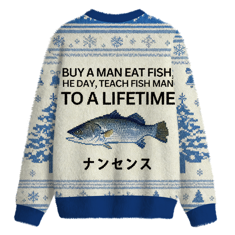 Tokyocanvas Buy a Man Eat Fish Fuzzy Christmas Ugly Sweatshirt