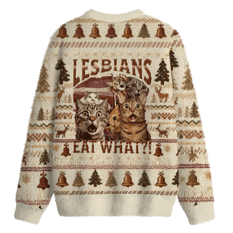 Tokyocanvas Lesbians Eat What?! Funny Fuzzy Christmas Ugly Sweatshirt