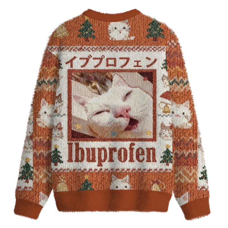 ADD Tokyocanvas Ibuprofen Meme Cat Fuzzy Christmas Ugly Sweatshirt $ 42.99 USD