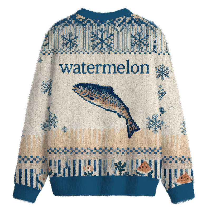 Tokyocanvas Watermelon Fish Fuzzy Christmas Ugly Sweatshirt