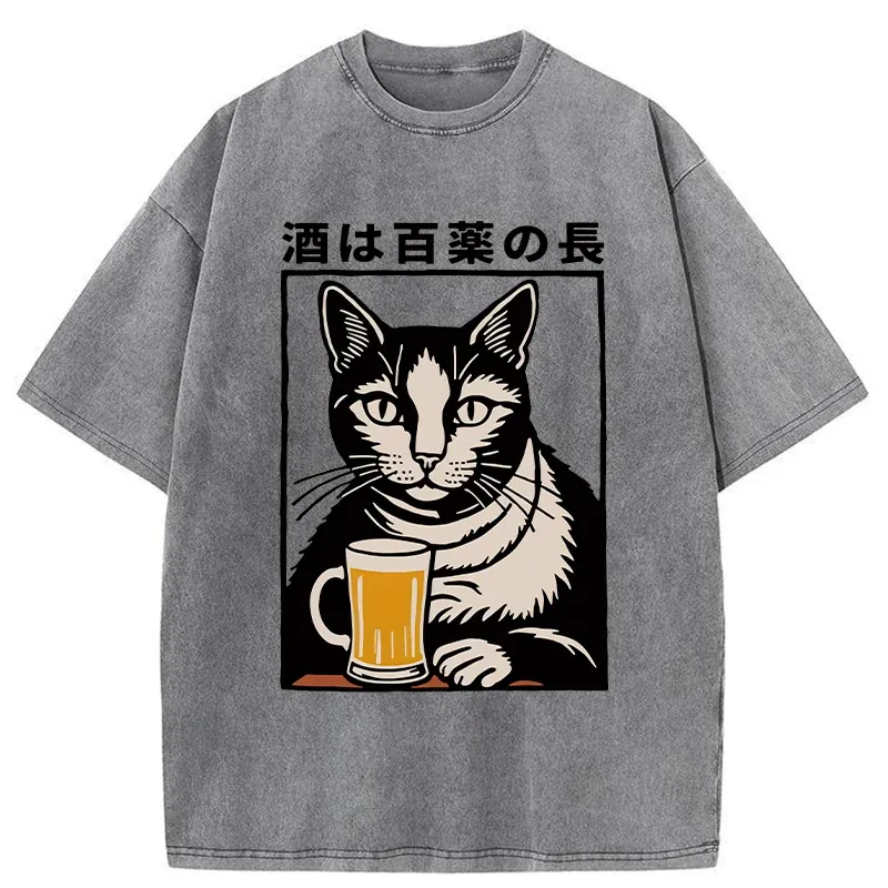 Tokyocanvas Cat And Beer Japanese Washed T-Shirt