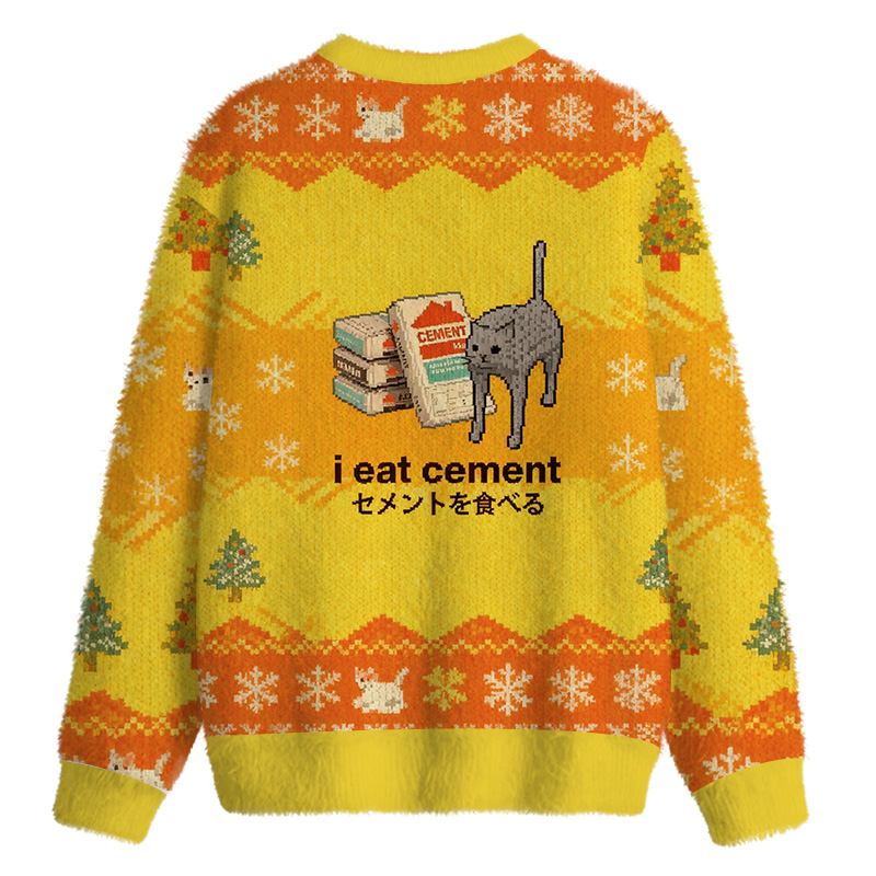 Tokyocanvas I Eat Cement Yellow Fuzzy Christmas Ugly Sweatshirt