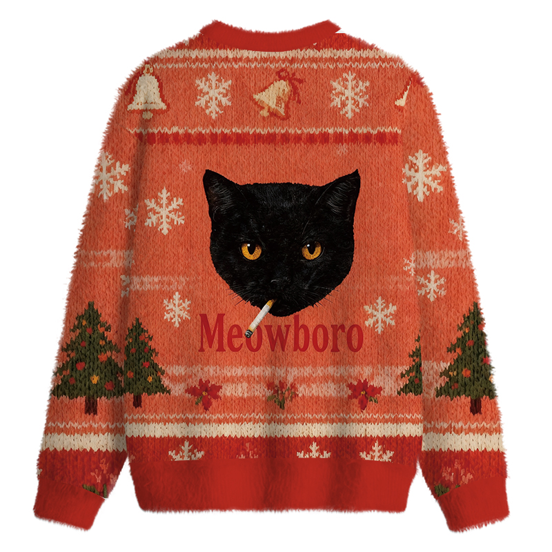 Tokyocanvas Smoking Black Cat Vintage Fuzzy Christmas Ugly Sweatshirt