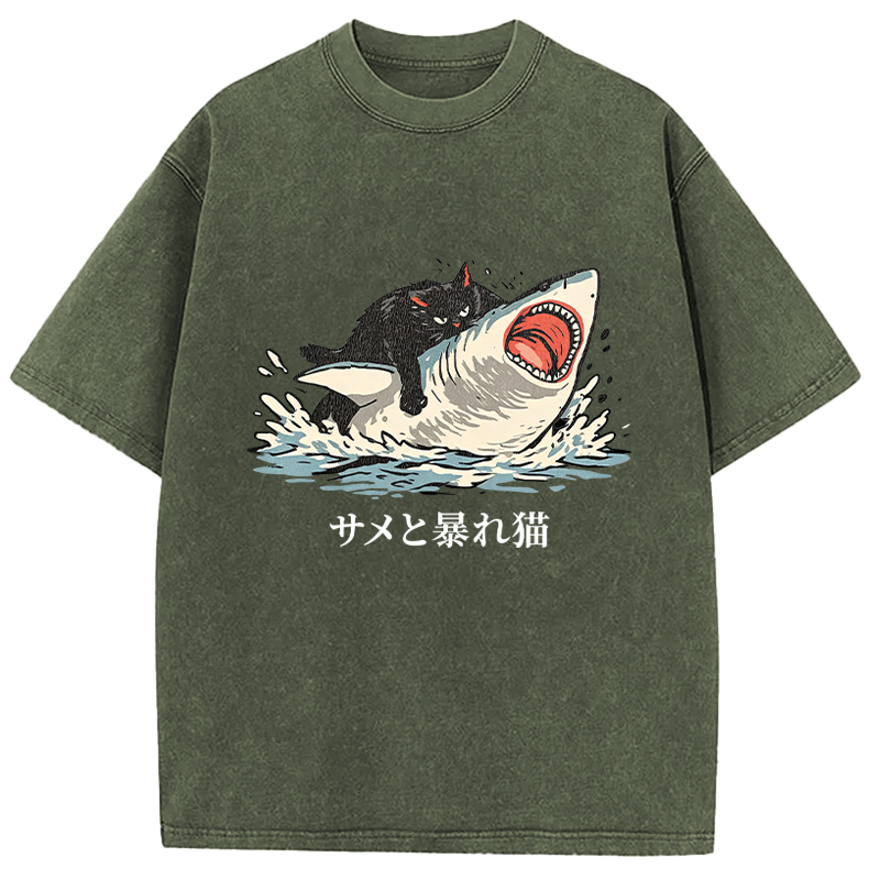 Tokyocanvas Fat Cat Vs Shark Washed T-Shirt