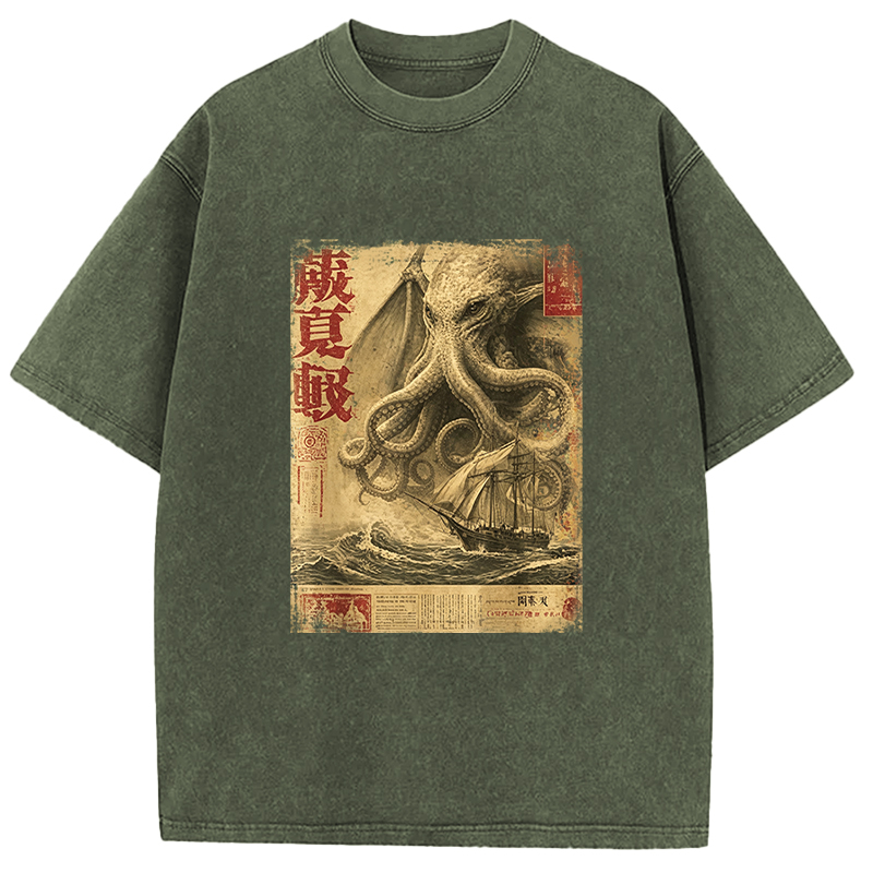 Tokyocanvas Cthulhu Kraken Vintage Japanese Sea Monster Newspaper Washed T-Shirt