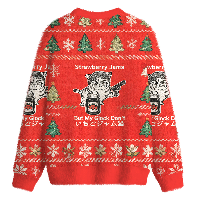 Tokyocanvas Strawberry Jam Cat Fuzzy Christmas Ugly Sweatshirt