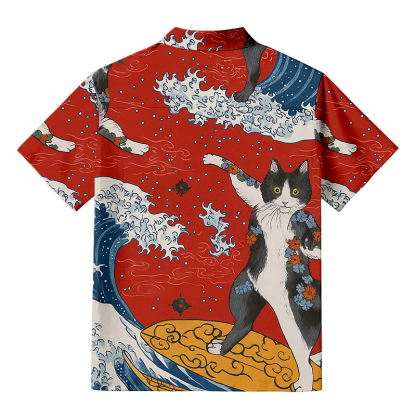 Tokyocanvas Surfing Tattooed Cat Button-up Shirt