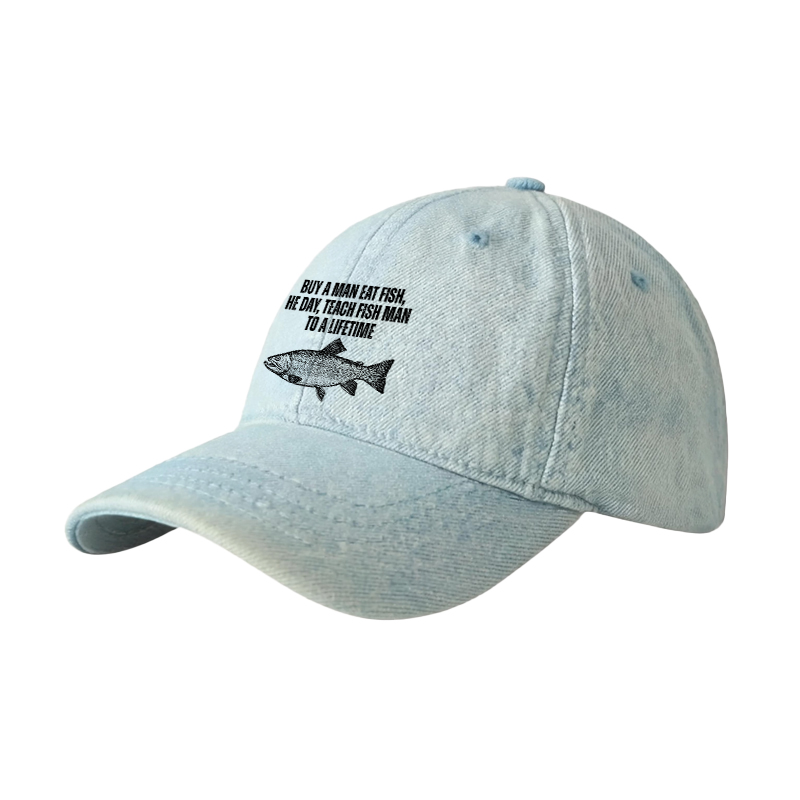 Tokyocanvas Buy a Man Eat Fish Funny Meme Denim Cap