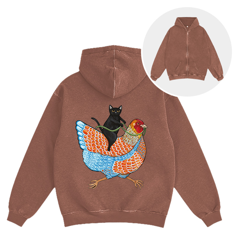 Tokyocanvas Black Cat On a Wyandotte Chicken Washed Zip Hoodie