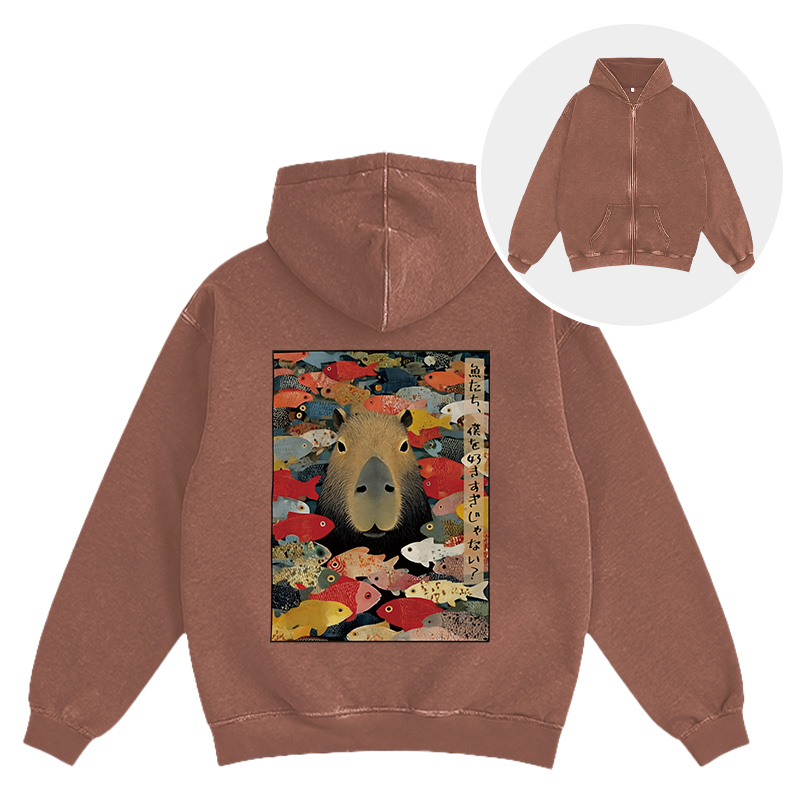 Tokyocanvas Am I Too Lovable Capybara Washed Zip Hoodie