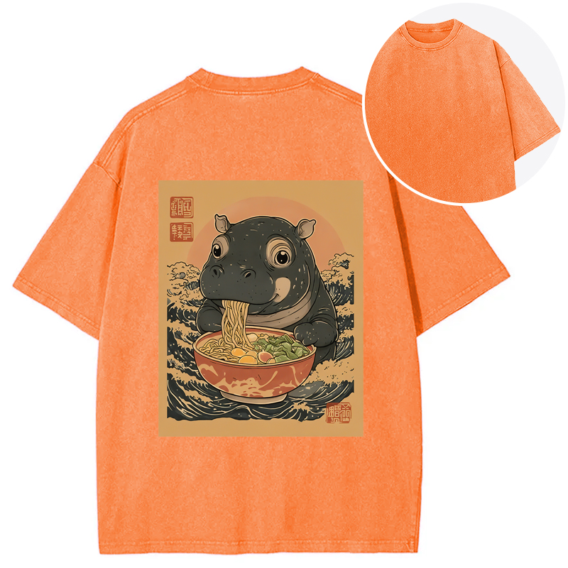 Tokyocanvas Moo Deng Eat Ramen Back Washed T-Shirt