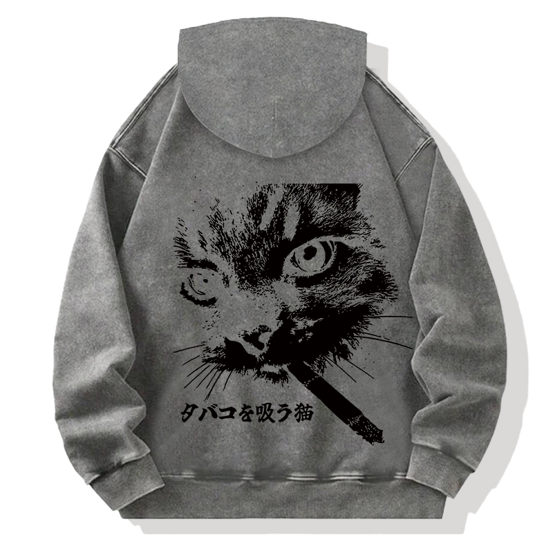 Tokyocanvas Retro Cat Smoking Back Washed Hoodie
