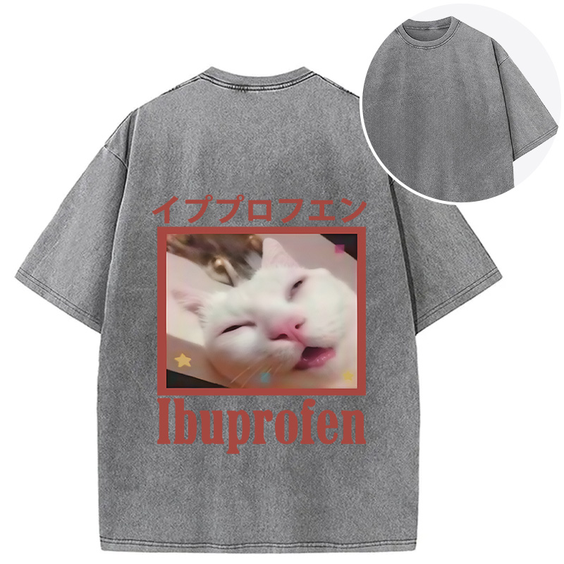 Tokyocanvas Ibuprofen Meme Cat Back Washed T-Shirt