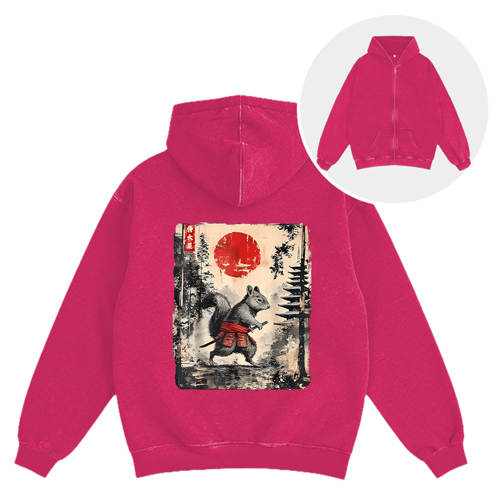 Tokyocanvas Samurai Squirrel Japanese Vintage Washed Zip Hoodie