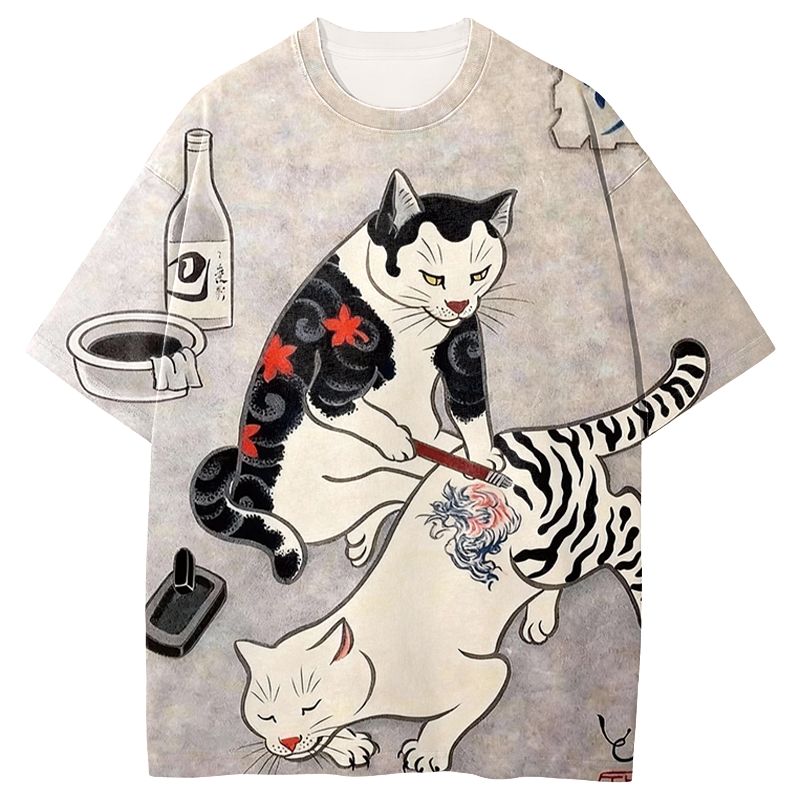 Tokyocanvas A Kitten Drawing A Tiger Graphic Print T-Shirt