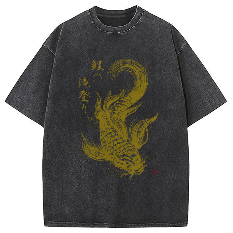 Tokyocanvas Koi Carp Japanese Calligraphy Washed T-Shirt