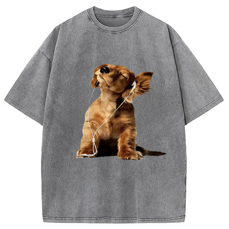 Tokyocanvas Dog Listening to Music Washed T-Shirt