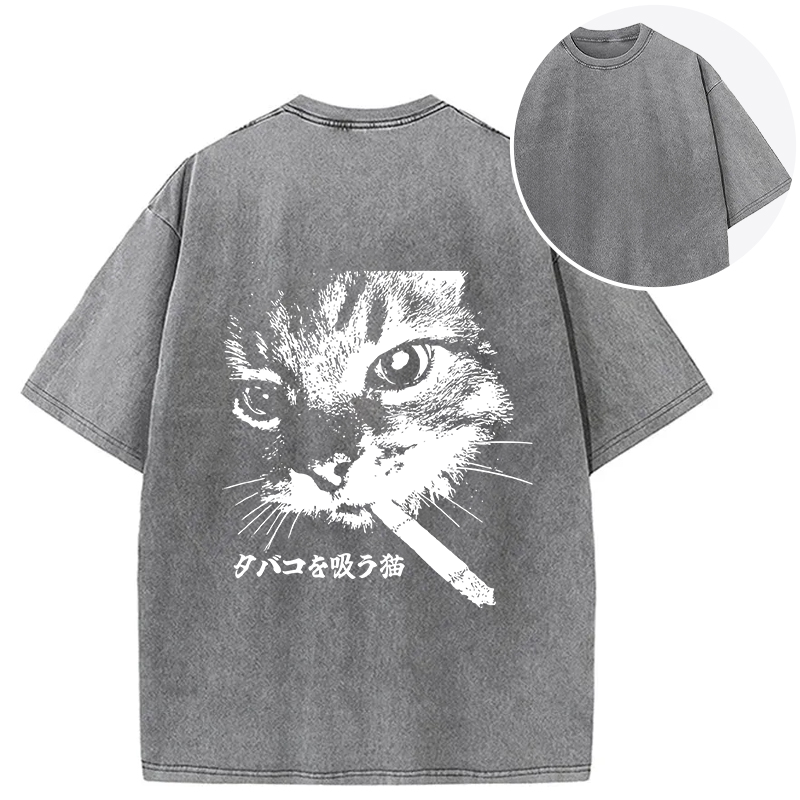 Tokyocanvas Retro Cat Smoking Back Washed T-Shirt