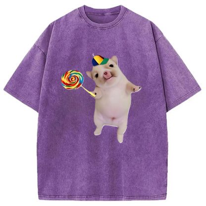 Tokyocanvas Funny Silly Dog with Lollipop Meme Washed T-Shirt