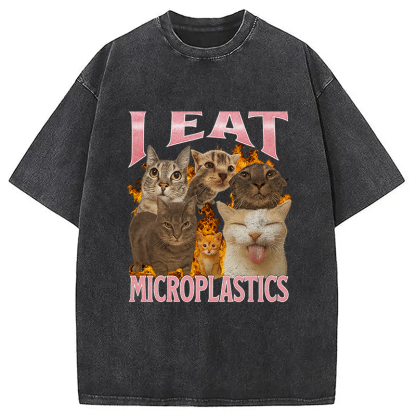 Tokyocanvas I Eat Microplastics Funny Cat Meme Washed T-Shirt