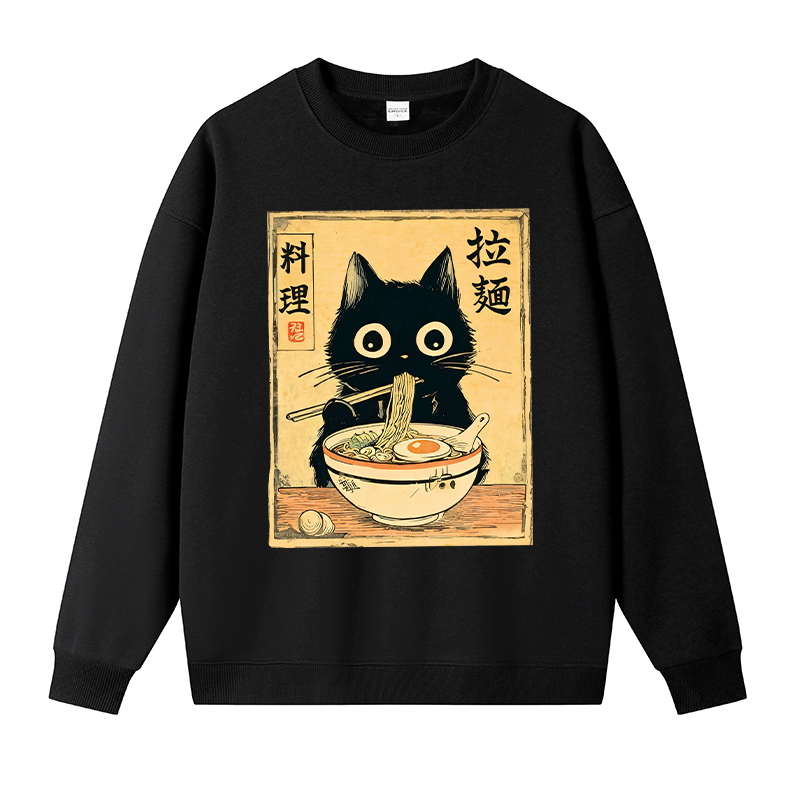 Tokyocanvas Cute Black Cat Eating Ramen Fleece Lined Sweatshirt