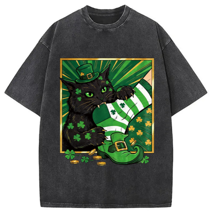 Tokyocanvas Naughty Cat Bites People Washed T-Shirt