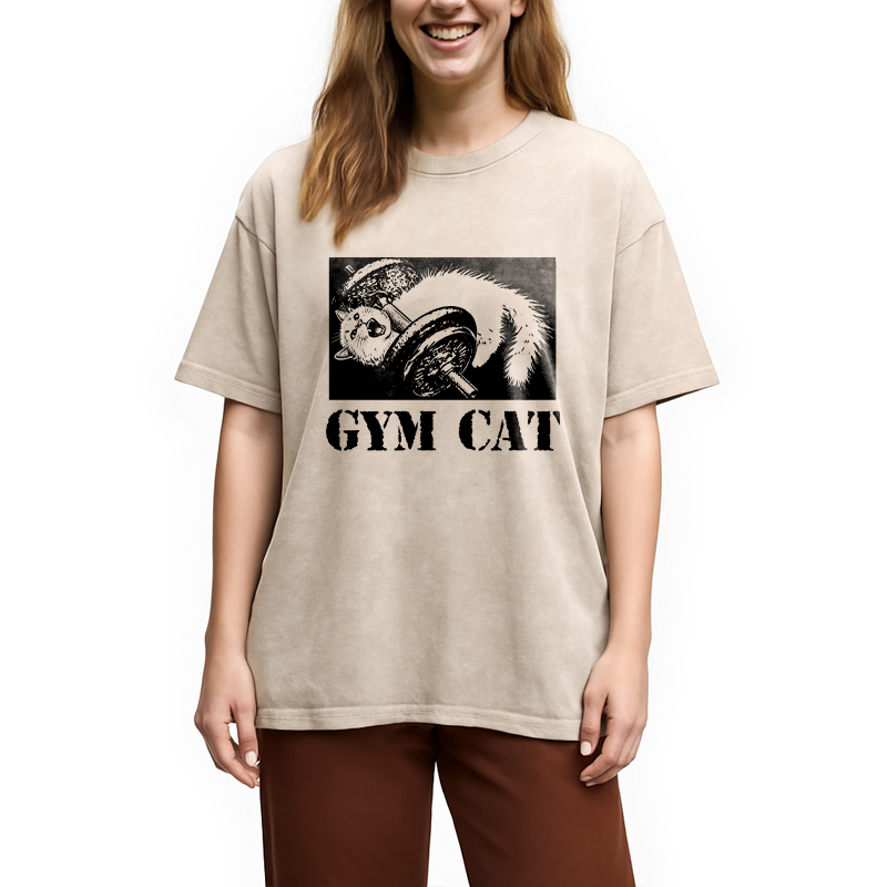 Tokyocanvas Cat Pumping Iron At The Gym Washed T-Shirt