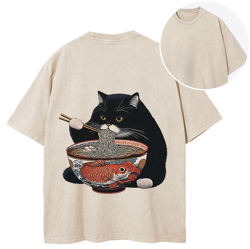Tokyocanvas Fat Cat Eating Ramen Back Washed T-Shirt