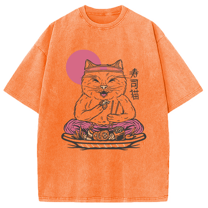 Tokyocanvas Cute Sushi Cat Eating Washed T-Shirt